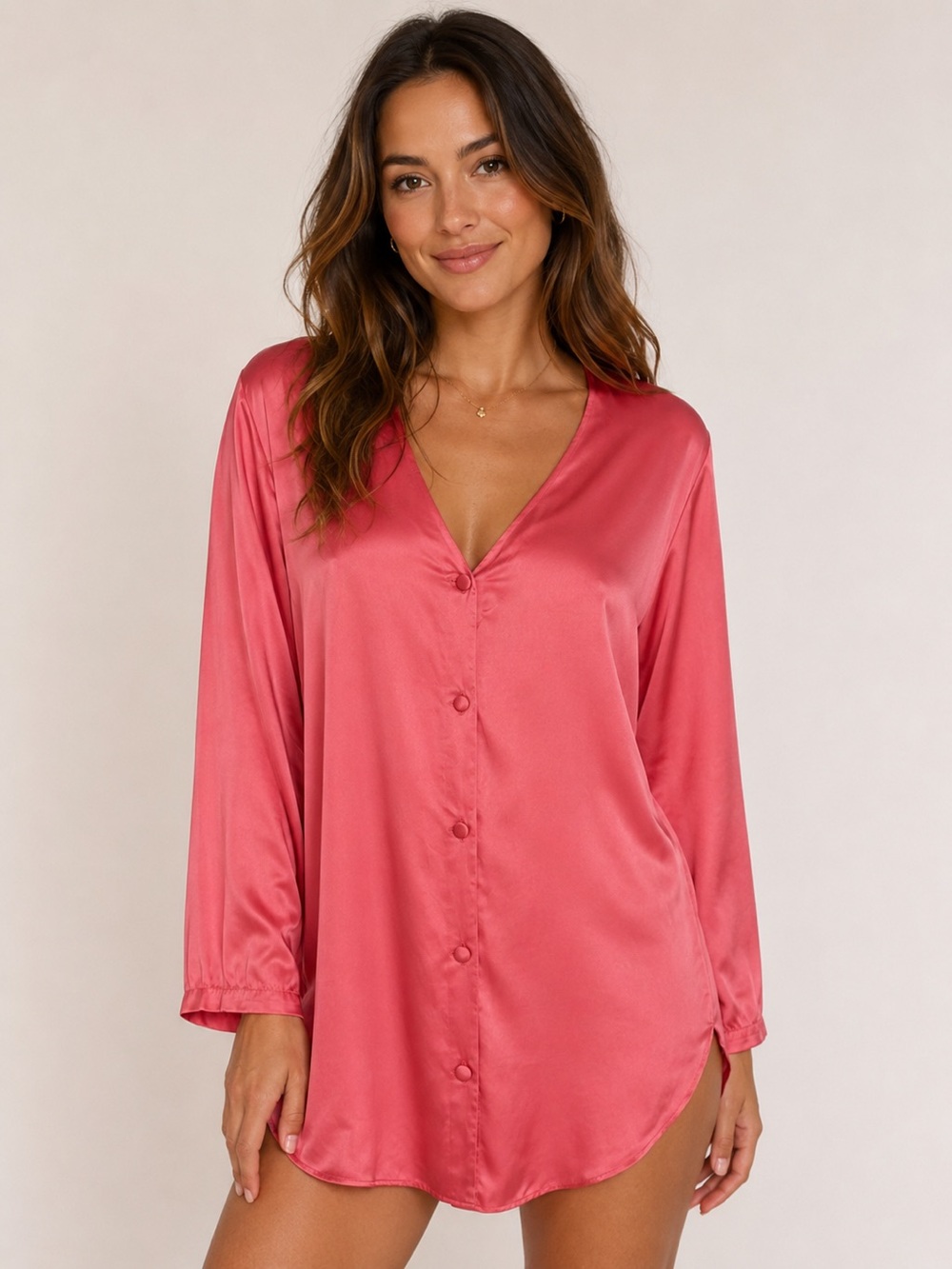 Victoria’s Secret Vintage Gold Label Pink‎ Silk Button-Front Sleep Shirt Sz. M